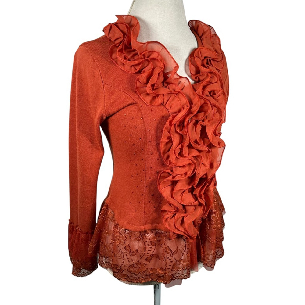 Pretty Angel Orange Button Cardigan Chiffon Ruffle Lace Beaded Cottage Size M - Picture 8 of 14